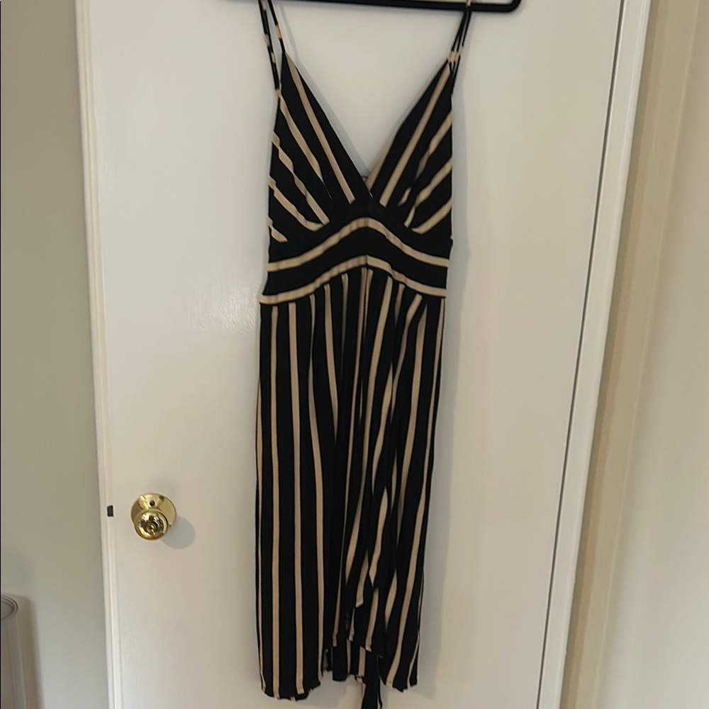 VENUS Black and Cream Striped Midi Dress